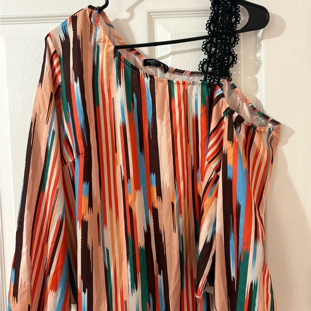SHEIN Curve One-Shoulder Striped Blouse w/ Lace Strap | 0XL